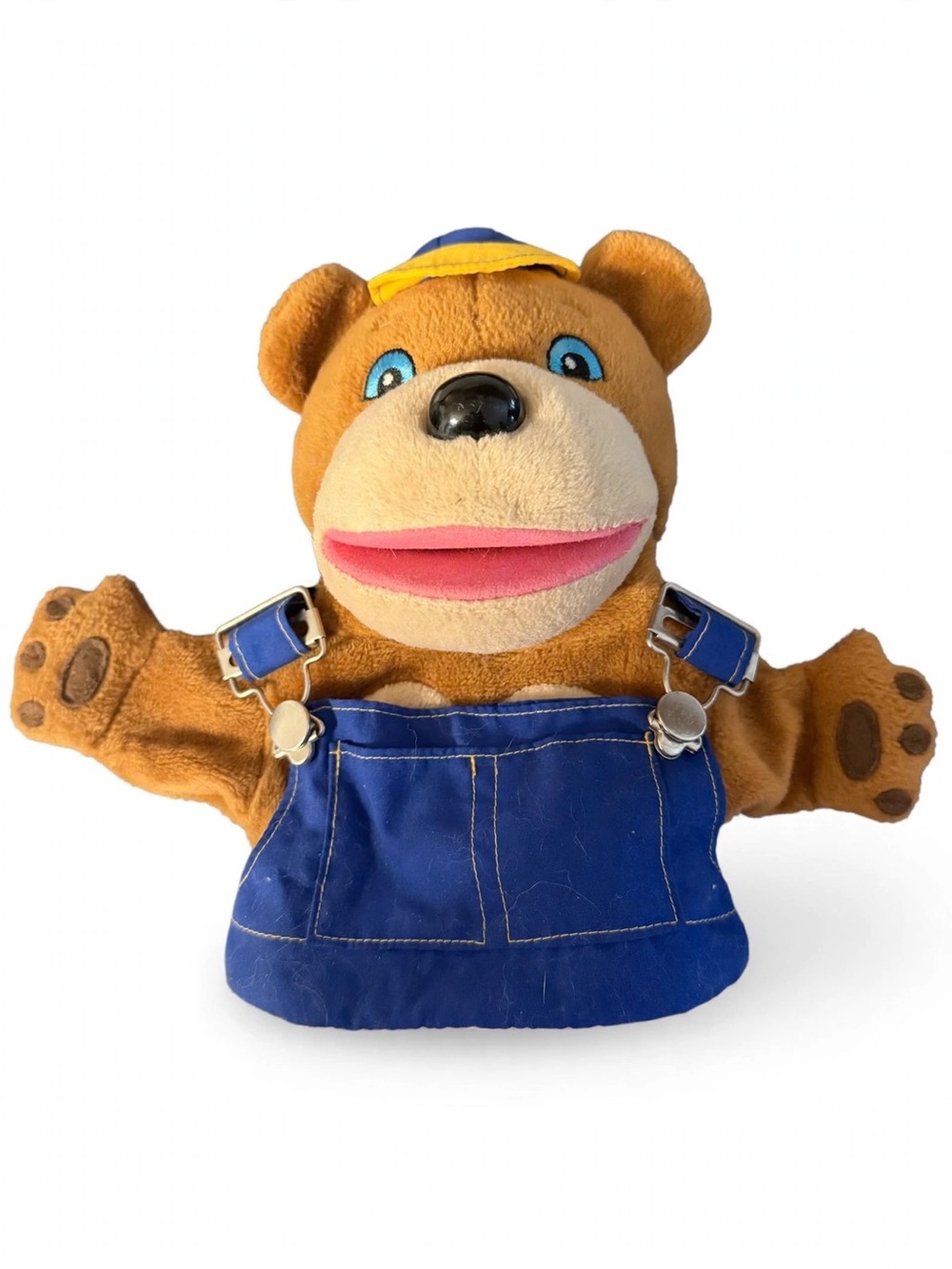 Lakeshore Brown Bear Hand Puppet Blue Overalls Pretend Play Ages 3+